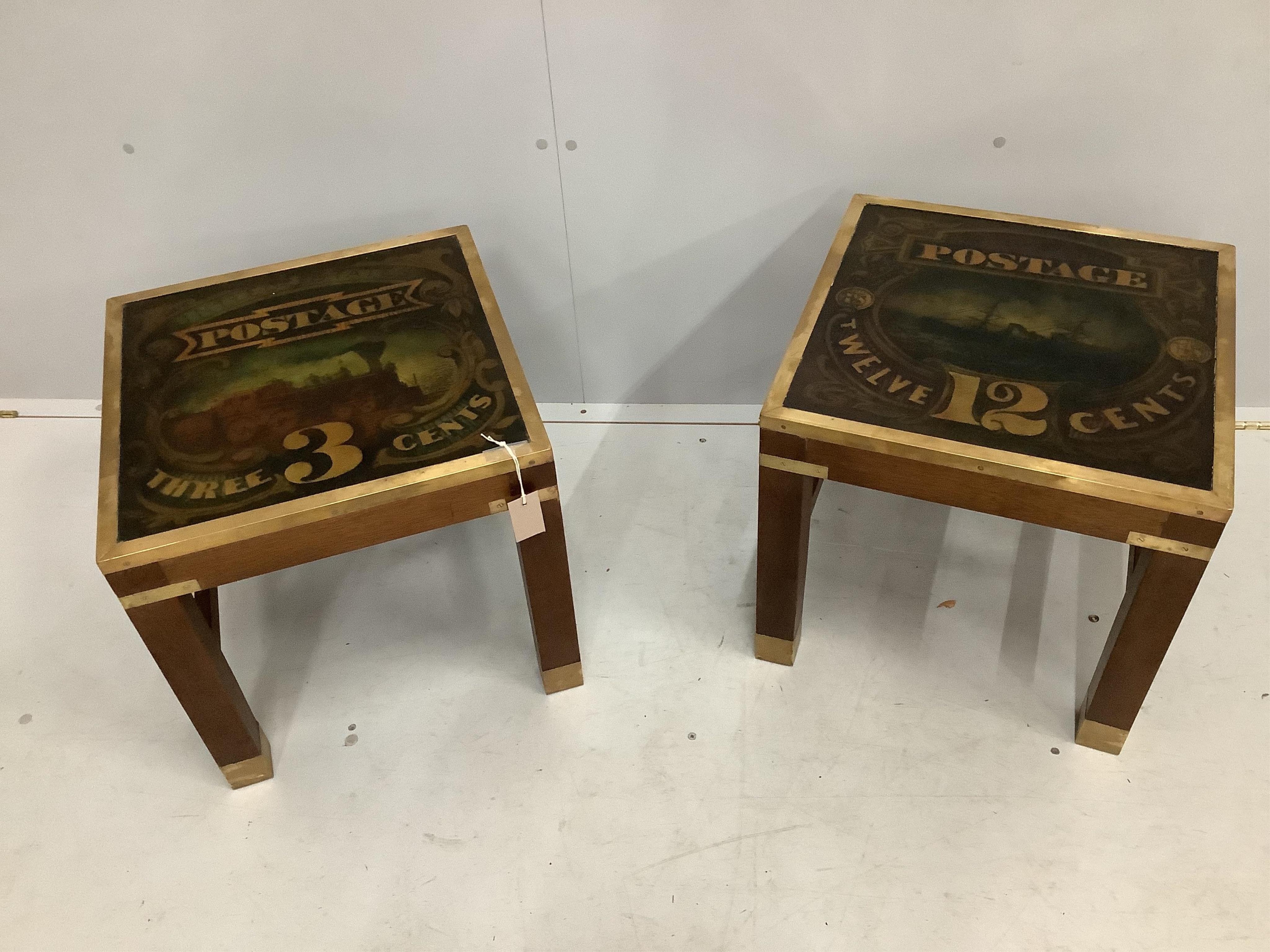 A pair of reproduction military style brass mounted square occasional tables with printed U.S. postage stamp tops, width 45cm, height 43cm. Condition - good